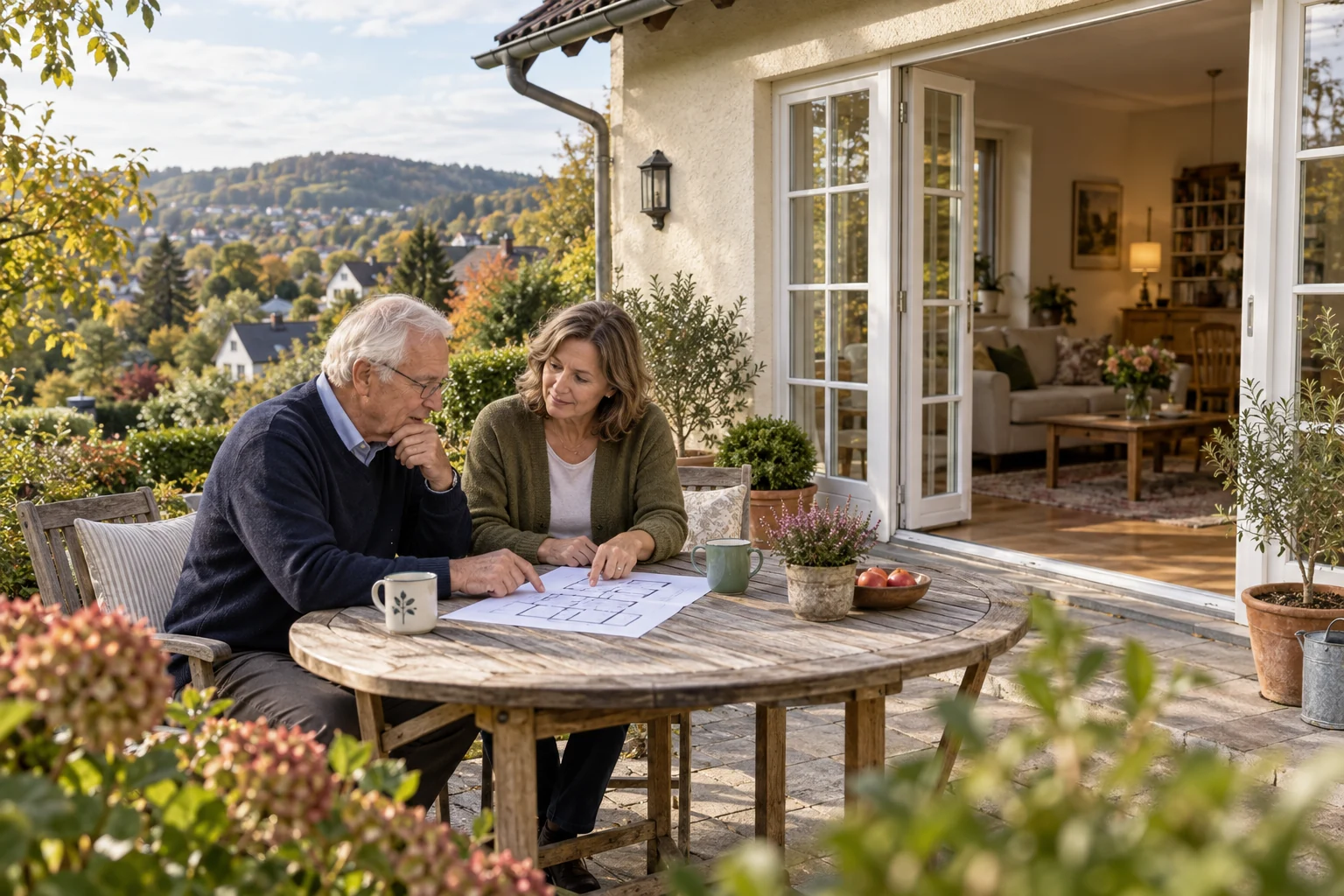 Ein älterer Mann und seine erwachsene Tochter besprechen einen Grundriss auf der Terrasse eines hellen Hauses in grüner Hanglage.